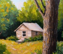 Дом и сад - Cozy cabin surrounded by trees oil pai