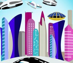 Бизнес и финансы - Futuristic city skyline with flying el