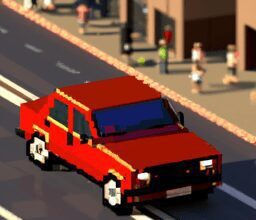 Технологии - Red lada car driving on busy street