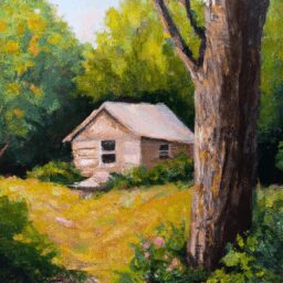 Дом и сад - Cozy cabin surrounded by trees oil pai