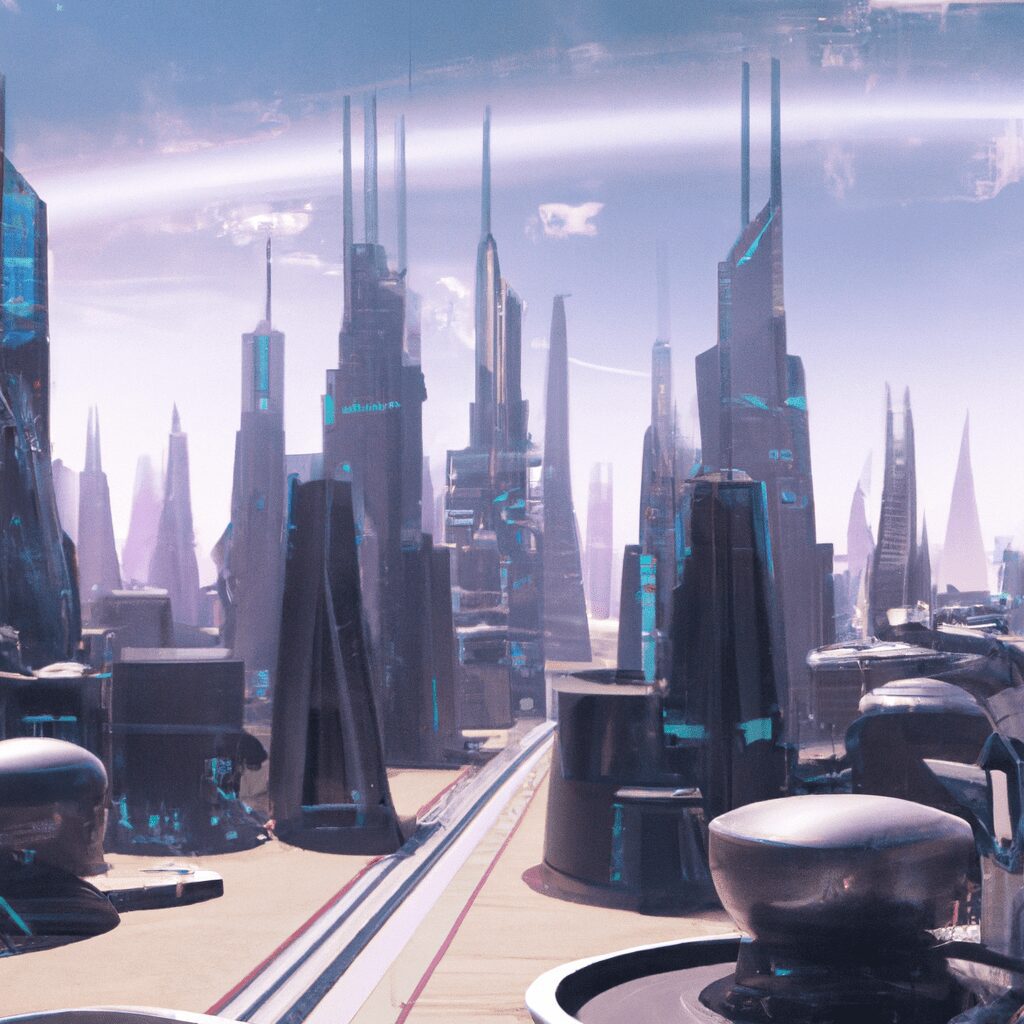 Технологии - Futuristic city skyline with advanced