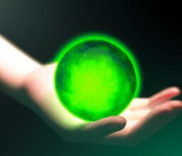 Технологии - Hand holding glowing green orb repre