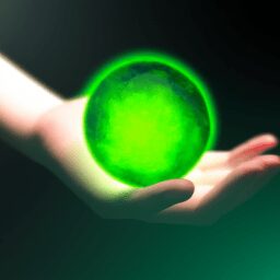 Технологии - Hand holding glowing green orb repre