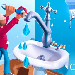 Дом и сад - Person fixing leaking faucet cartoon