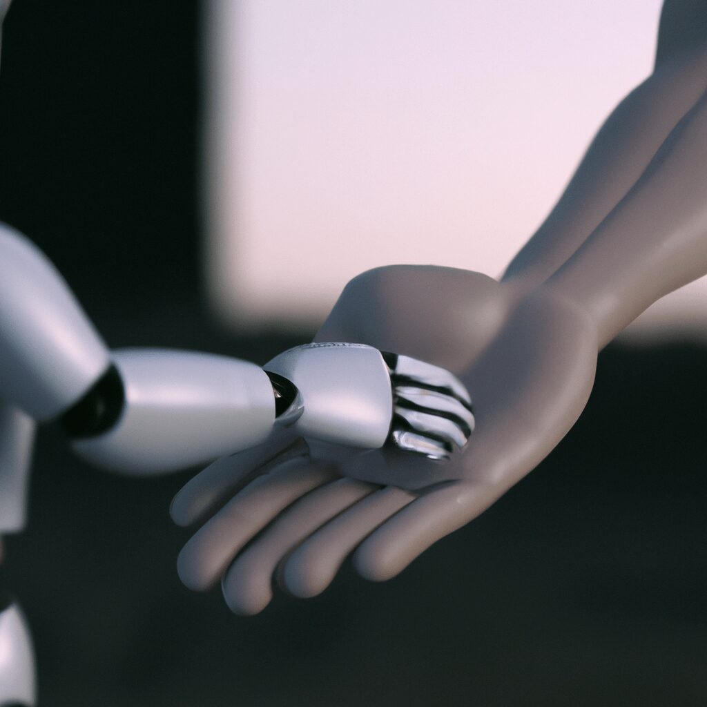 Технологии - Person holding hands with robot symb