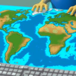 Технологии - Person typing in front of world map