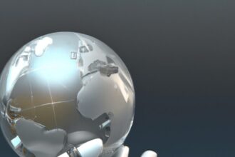 Технологии - Robot hand holding globe cartoon cin