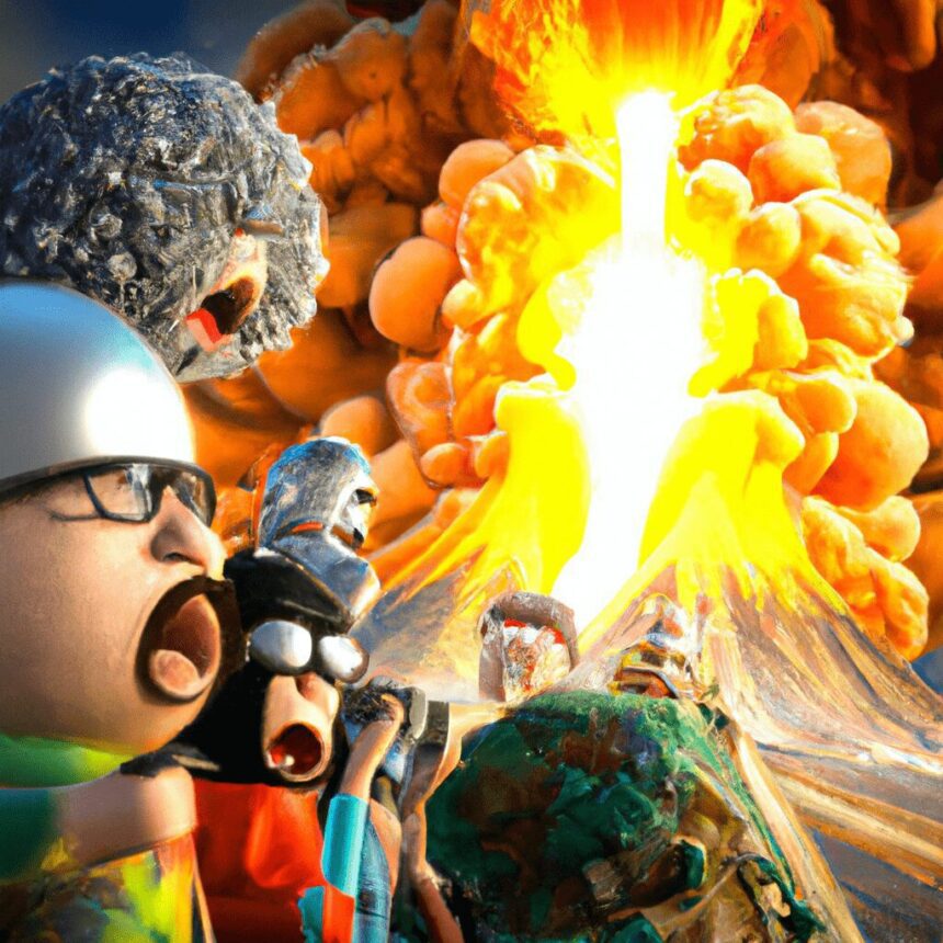 Киномания и Аниманьяки - Cartoon characters facing volcanic erupt