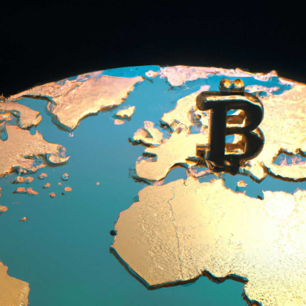 Технологии - Global map with bitcoin highlighted cart