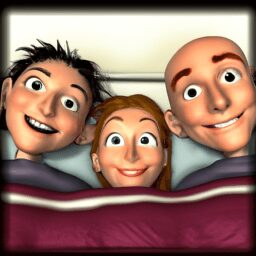 Досуг - Three people in bed smiling cartoon w